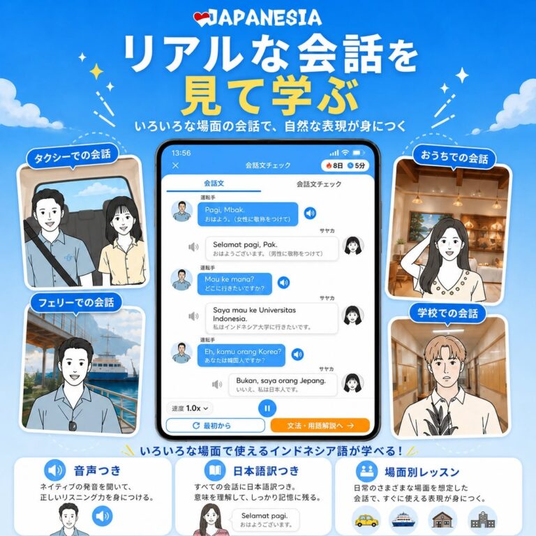 JAPANESIAアプリ｜リアルな会話を見て学ぶ