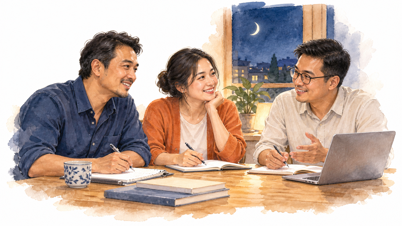 夜の窓を背に、3人の大人が机を囲んで学ぶ、白地に水彩で描いた継続学習のイラスト