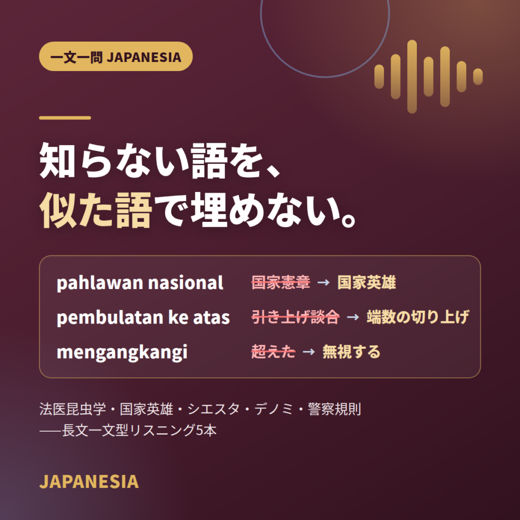 知らない語を、似た語で埋めない。pahlawan nasional は国家英雄、pembulatan ke atas は端数の切り上げ、mengangkangi は無視する
