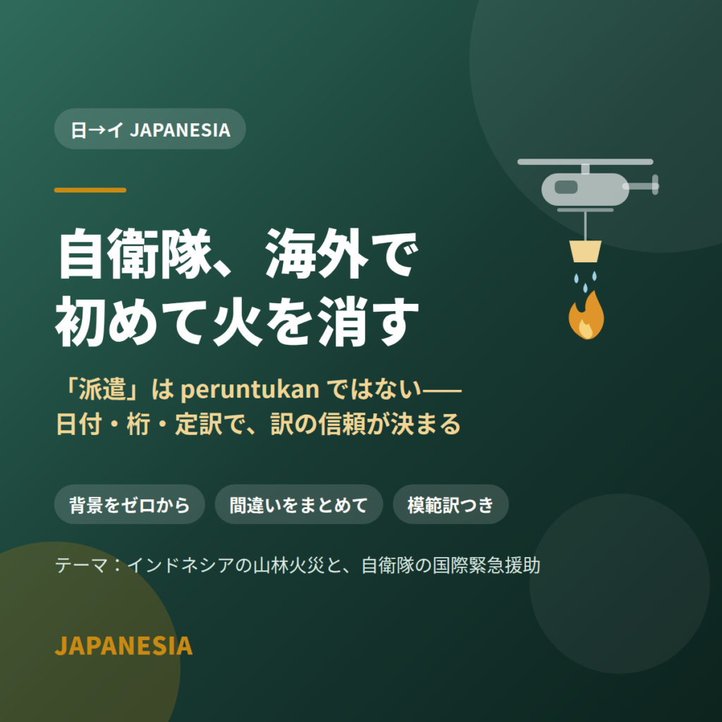 自衛隊、海外で初めて火を消す——「派遣」は peruntukan ではない。日付・桁・定訳の落とし穴